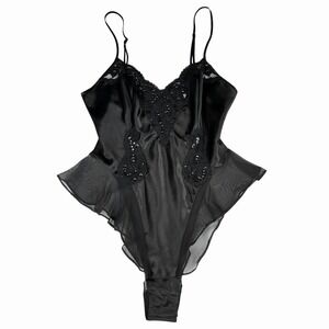 Vintage VICTORIAS SECRET Black Sz S Sequin Satin Lace Flutter Lingerie Bodysuit